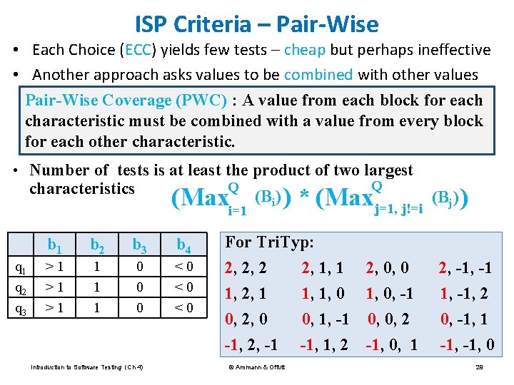 ISP Criteria – Pair-Wise • Each Choice (ECC) yields few tests – cheap but