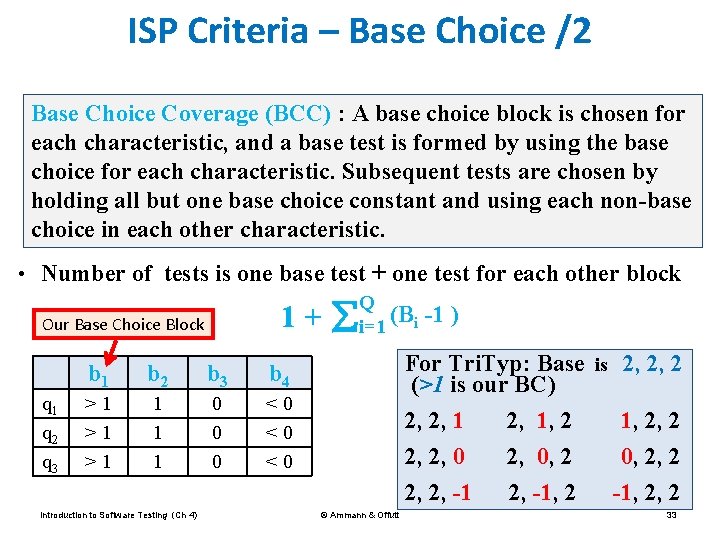 ISP Criteria – Base Choice /2 Base Choice Coverage (BCC) : A base choice