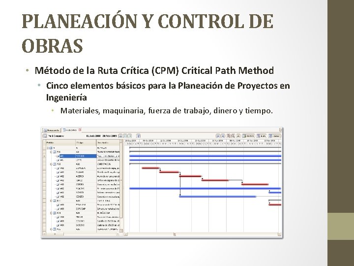 PLANEACIÓN Y CONTROL DE OBRAS • Método de la Ruta Crítica (CPM) Critical Path