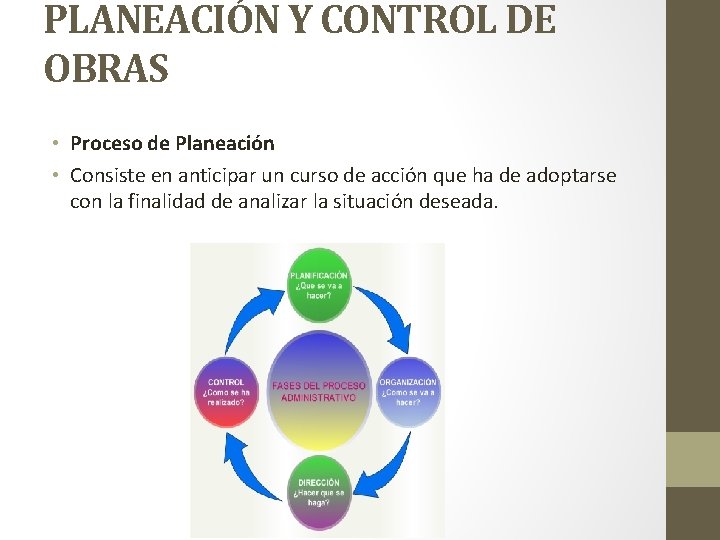 PLANEACIÓN Y CONTROL DE OBRAS • Proceso de Planeación • Consiste en anticipar un