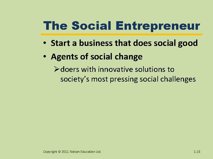 The Social Entrepreneur • Start a business that does social good • Agents of