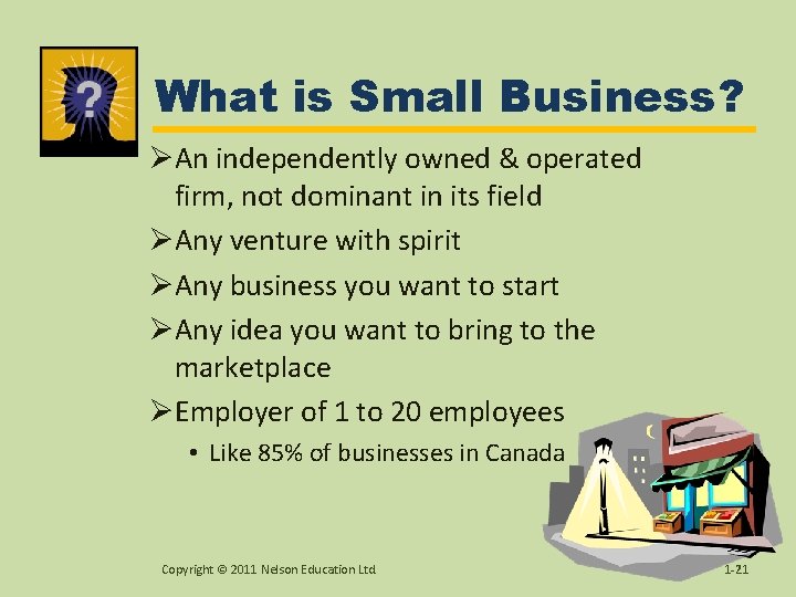 What is Small Business? ØAn independently owned & operated firm, not dominant in its