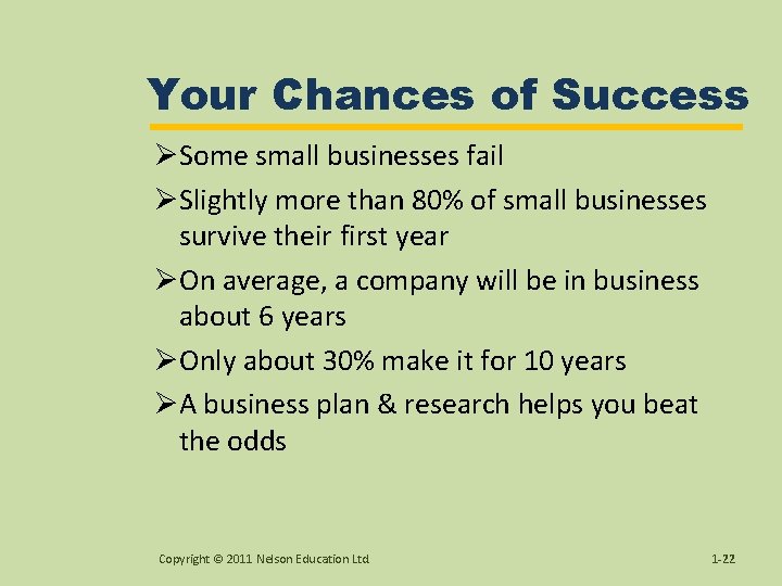 Your Chances of Success ØSome small businesses fail ØSlightly more than 80% of small