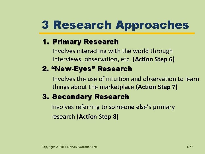 3 Research Approaches 1. Primary Research Involves interacting with the world through interviews, observation,