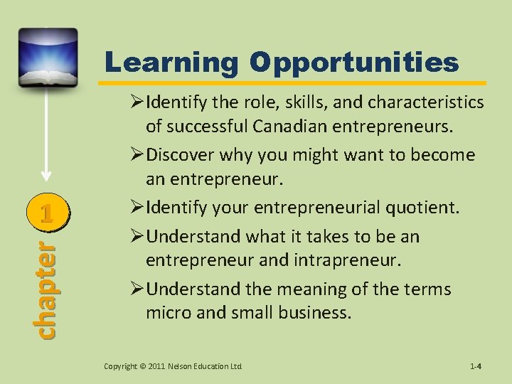 Learning Opportunities chapter 1 ØIdentify the role, skills, and characteristics of successful Canadian entrepreneurs.