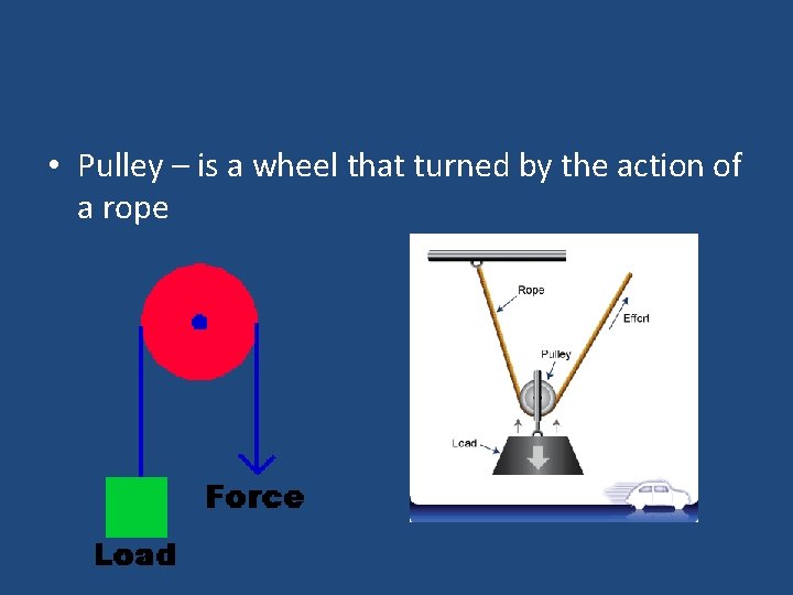  • Pulley – is a wheel that turned by the action of a