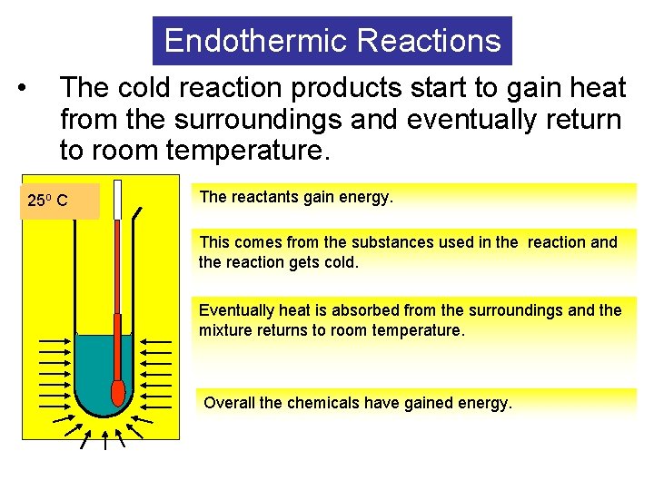 Endothermic Reactions • The cold reaction products start to gain heat from the surroundings