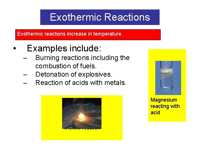 Exothermic Reactions Exothermic reactions increase in temperature. • Examples include: – – – Burning