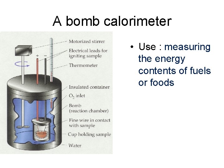 A bomb calorimeter • Use : measuring the energy contents of fuels or foods