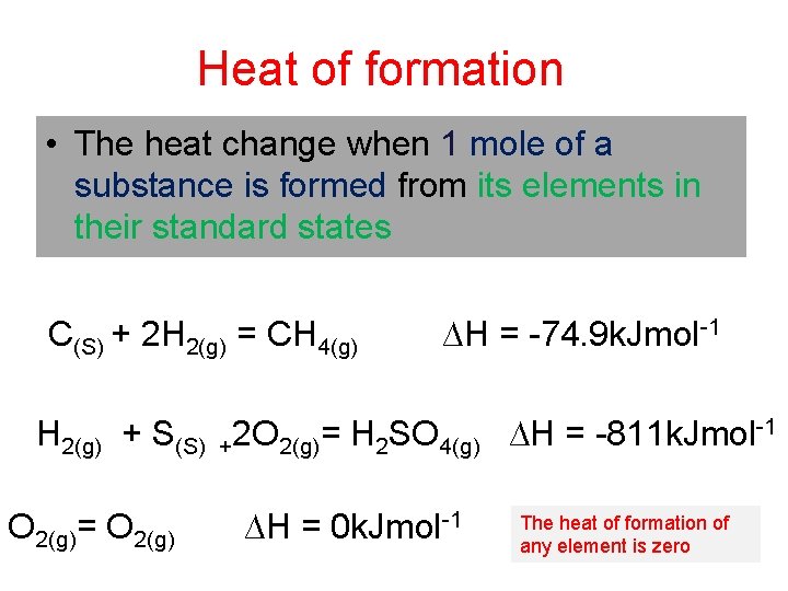 Heat of formation • The heat change when 1 mole of a substance is