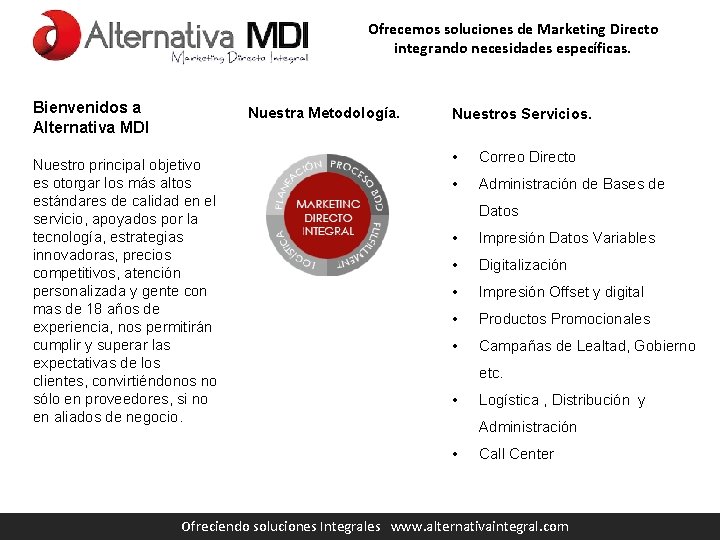 Ofrecemos soluciones de Marketing Directo integrando necesidades específicas. Bienvenidos a Alternativa MDI Nuestra Metodología.