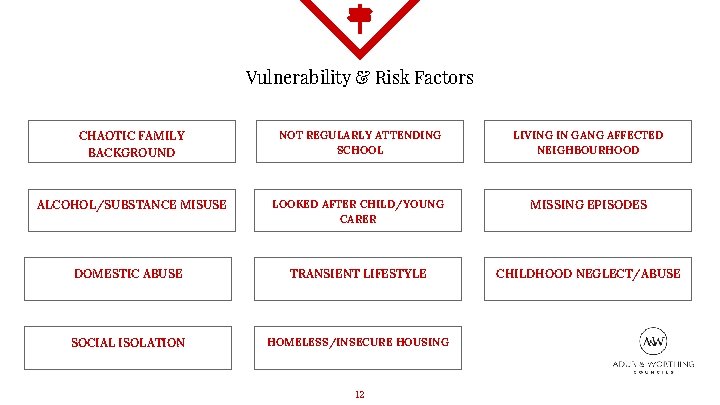 Vulnerability & Risk Factors CHAOTIC FAMILY BACKGROUND NOT REGULARLY ATTENDING SCHOOL LIVING IN GANG