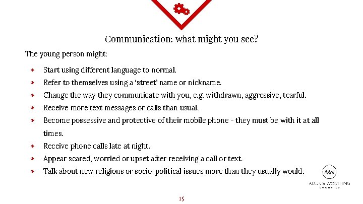 Communication: what might you see? The young person might: ◈ Start using different language