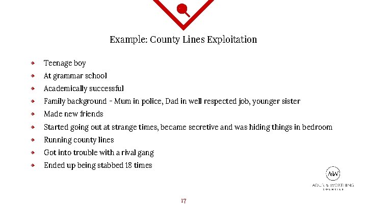 Example: County Lines Exploitation ◈ Teenage boy ◈ At grammar school ◈ Academically successful