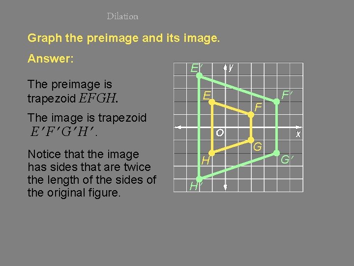 Dilation Graph the preimage and its image. Answer: E The preimage is trapezoid EFGH.