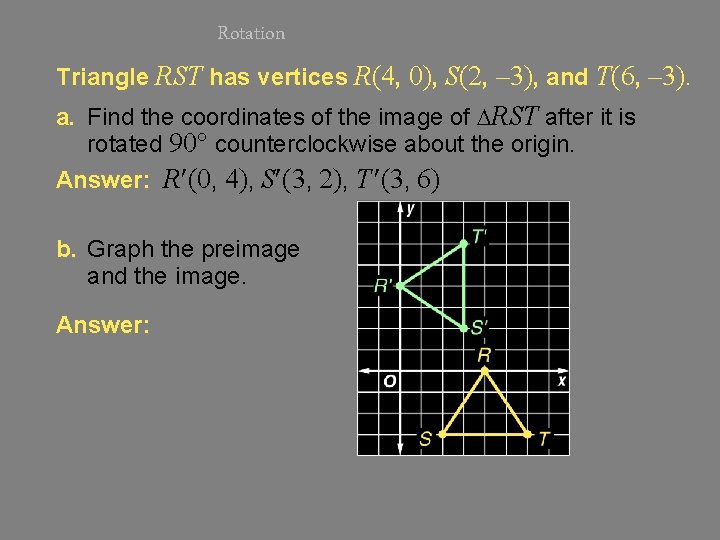 Rotation Triangle RST has vertices R(4, 0), S(2, – 3), and T(6, – 3).