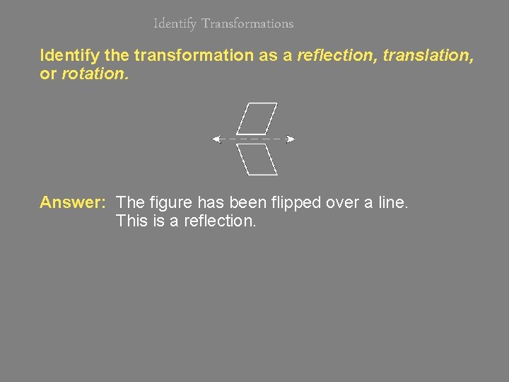 Identify Transformations Identify the transformation as a reflection, translation, or rotation. Answer: The figure