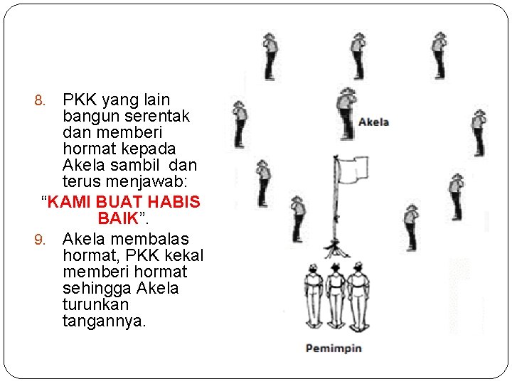 PKK yang lain bangun serentak dan memberi hormat kepada Akela sambil dan terus menjawab: