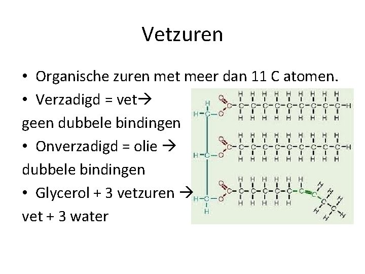 Vetzuren • Organische zuren met meer dan 11 C atomen. • Verzadigd = vet