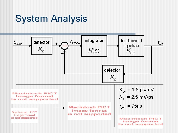 System Analysis tslicer detector Kd Vcontrol + _ integrator feedforward equalizer H(s) Keq detector