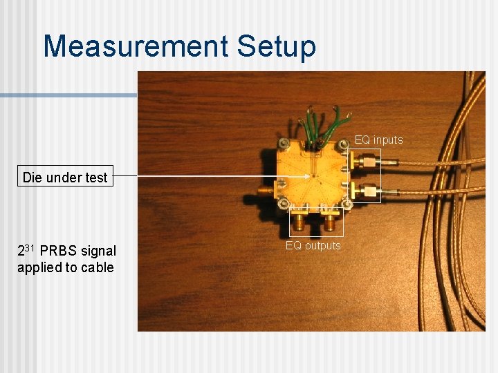 Measurement Setup EQ inputs Die under test 231 PRBS signal applied to cable EQ