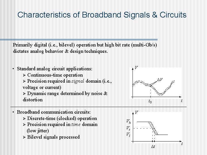 Characteristics of Broadband Signals & Circuits Primarily digital (i. e. , bilevel) operation but