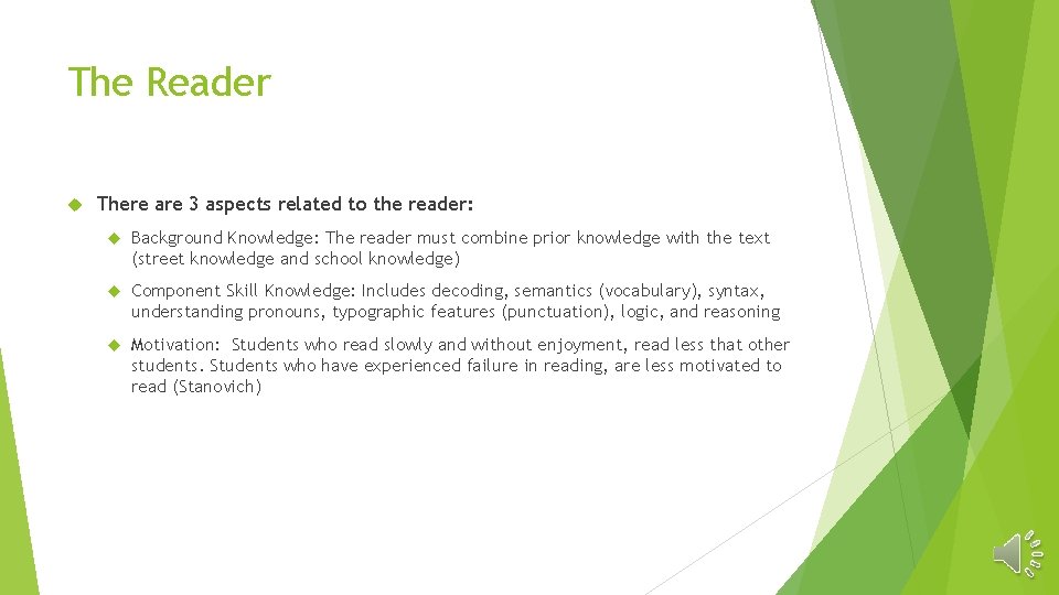 The Reader There are 3 aspects related to the reader: Background Knowledge: The reader