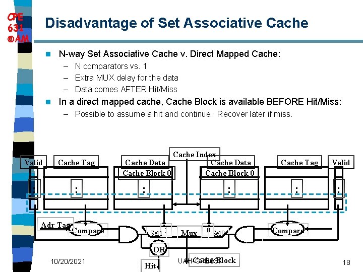 CPE 631 AM Disadvantage of Set Associative Cache n N-way Set Associative Cache v.