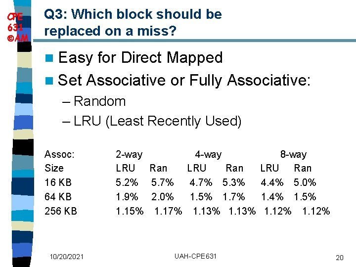 CPE 631 AM Q 3: Which block should be replaced on a miss? n