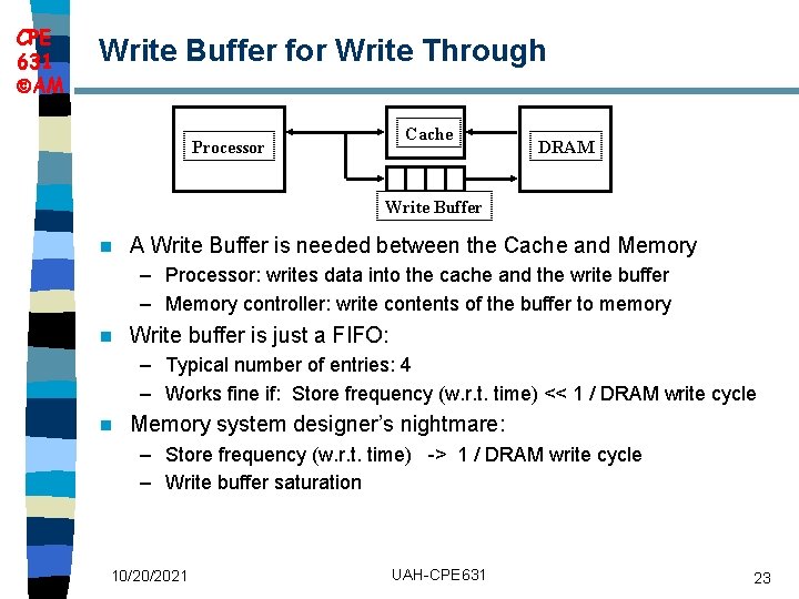 CPE 631 AM Write Buffer for Write Through Cache Processor DRAM Write Buffer n
