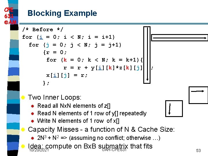 CPE 631 AM Blocking Example /* Before */ for (i = 0; i <