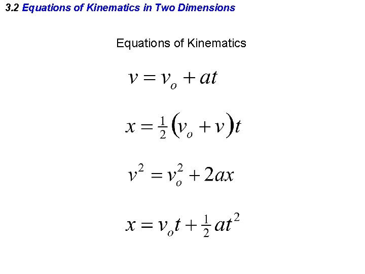 3. 2 Equations of Kinematics in Two Dimensions Equations of Kinematics 3. 2 Equations of Kinematics in Two Dimensions Equations of Kinematics