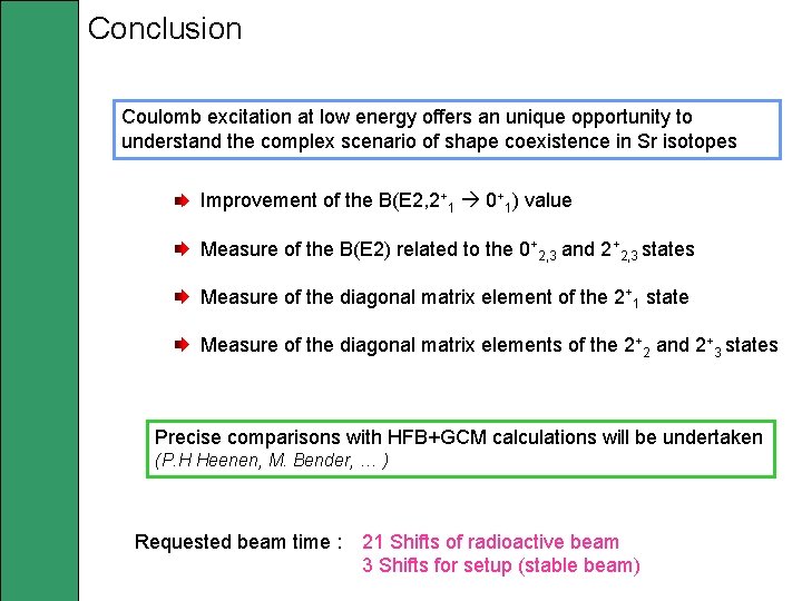 Conclusion Coulomb excitation at low energy offers an unique opportunity to understand the complex