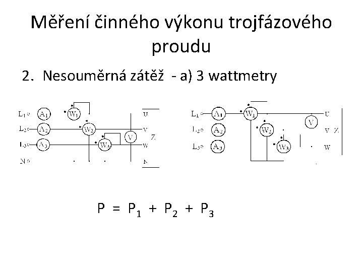 Měření činného výkonu trojfázového proudu 2. Nesouměrná zátěž - a) 3 wattmetry P =