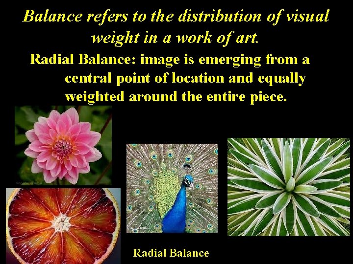 Balance refers to the distribution of visual weight in a work of art. Radial