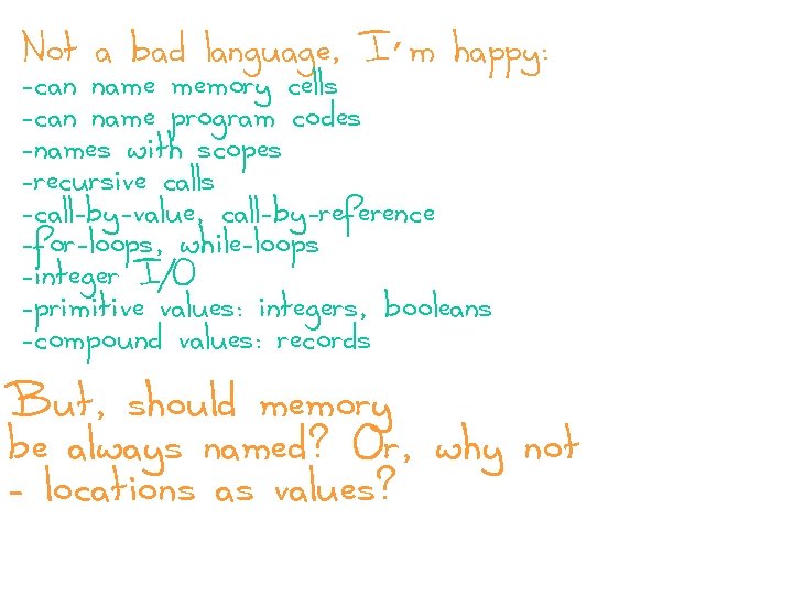 Not a bad language, I’m happy: -can name memory cells -can name program codes
