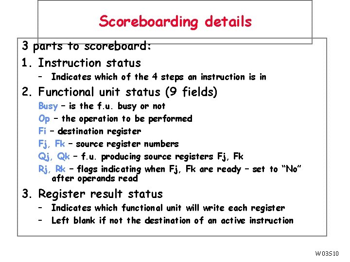 Scoreboarding details 3 parts to scoreboard: 1. Instruction status – Indicates which of the