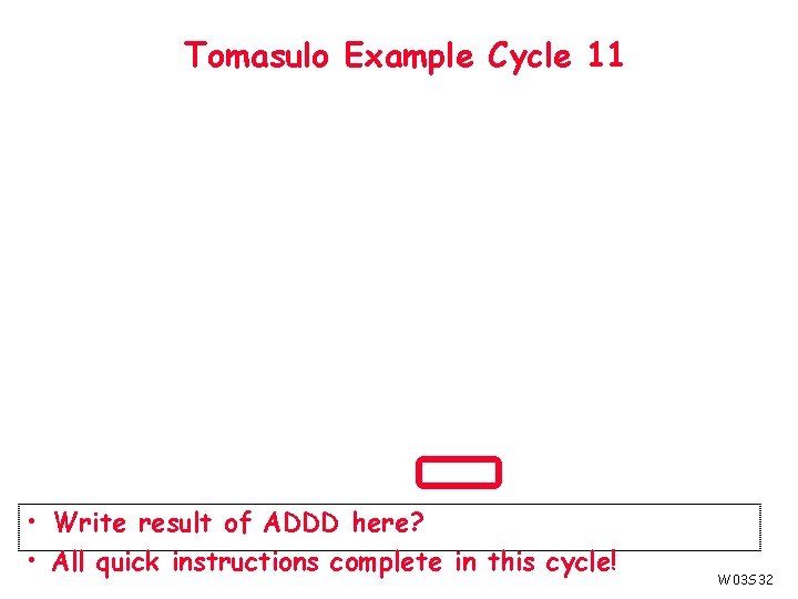 Tomasulo Example Cycle 11 • Write result of ADDD here? • All quick instructions