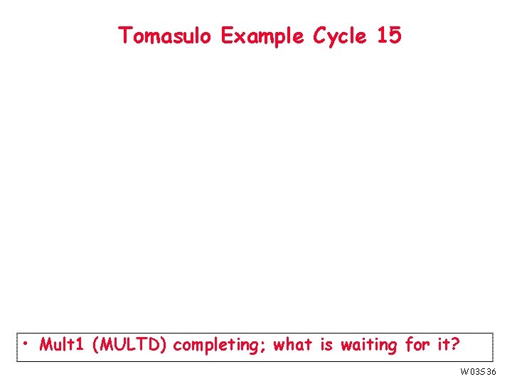 Tomasulo Example Cycle 15 • Mult 1 (MULTD) completing; what is waiting for it?