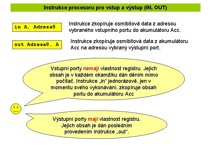 Instrukce procesoru pro vstup a výstup (IN, OUT) in A, Adresa 8 out Adresa