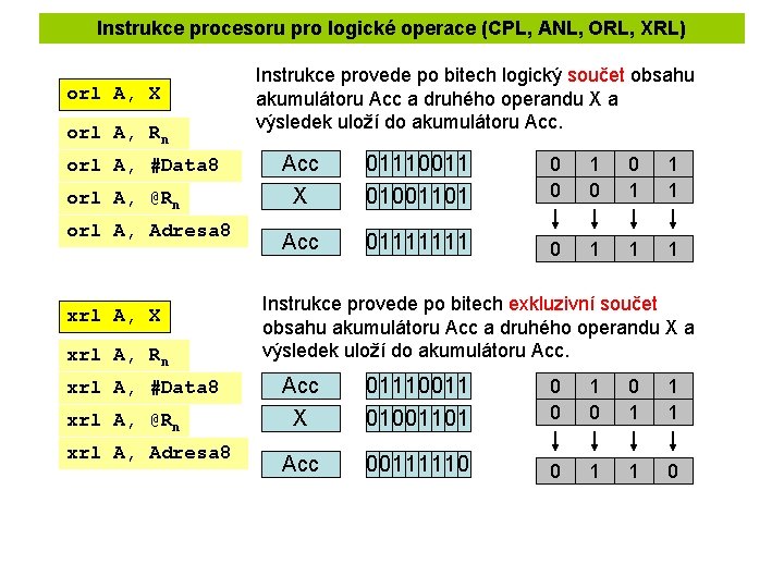 Instrukce procesoru pro logické operace (CPL, ANL, ORL, XRL) orl A, X orl A, Instrukce procesoru pro logické operace (CPL, ANL, ORL, XRL) orl A, X orl A,