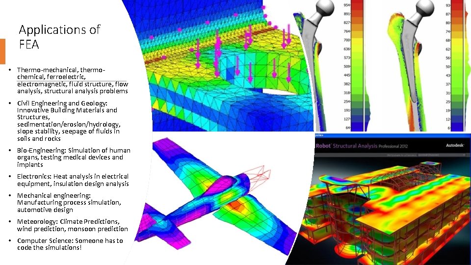 Applications of FEA • Thermo-mechanical, thermochemical, ferroelectric, electromagnetic, fluid structure, flow analysis, structural analysis