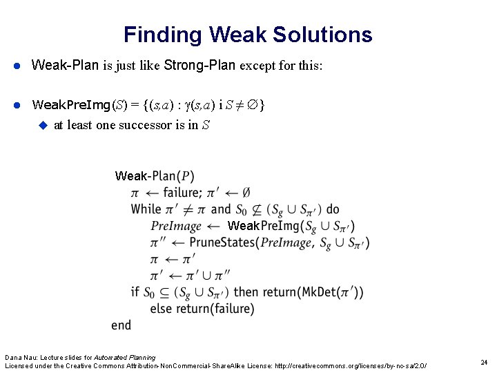 Finding Weak Solutions Weak-Plan is just like Strong-Plan except for this: Weak. Pre. Img(S)