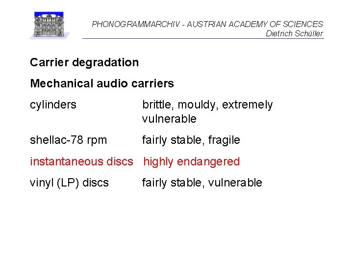 PHONOGRAMMARCHIV - AUSTRIAN ACADEMY OF SCIENCES Dietrich Schüller Carrier degradation Mechanical audio carriers cylinders