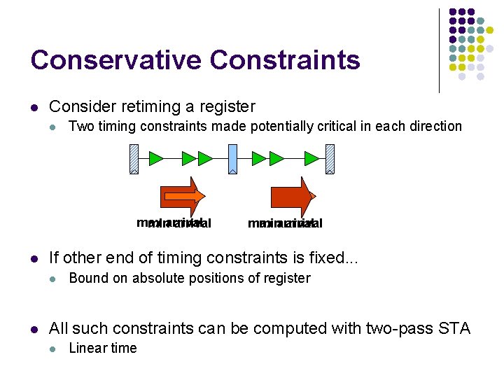 Conservative Constraints l Consider retiming a register l Two timing constraints made potentially critical