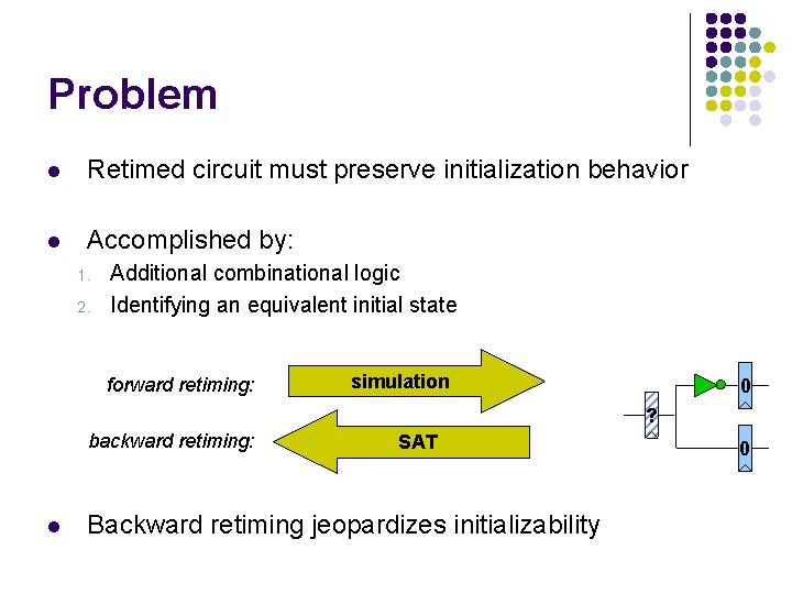 Problem l Retimed circuit must preserve initialization behavior l Accomplished by: 1. 2. Additional