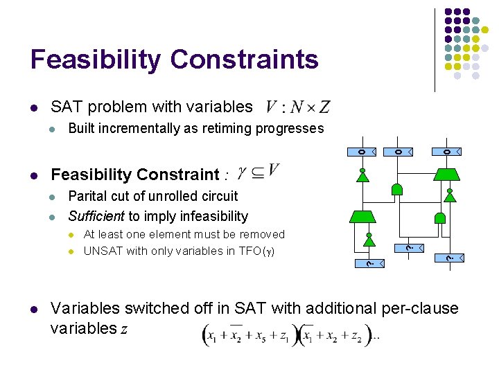 Feasibility Constraints SAT problem with variables Feasibility Constraint : l Parital cut of unrolled