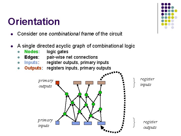 Orientation l Consider one combinational frame of the circuit l A single directed acyclic