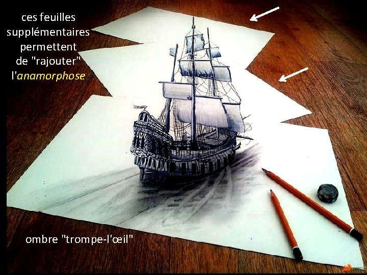 ces feuilles supplémentaires permettent de "rajouter" l'anamorphose ombre "trompe-l'œil" 