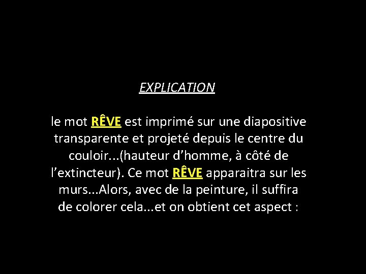 EXPLICATION le mot RÊVE est imprimé sur une diapositive transparente et projeté depuis le